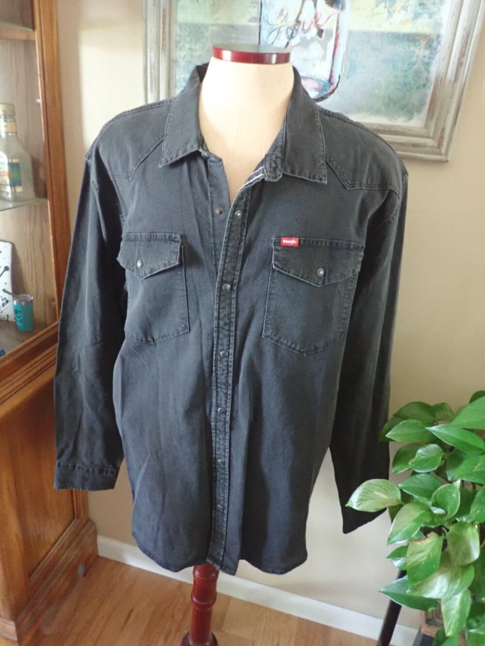 Wrangler Long Sleeve Pearl Snap Shirt Denim Black 3XL Western Stretch Vintage